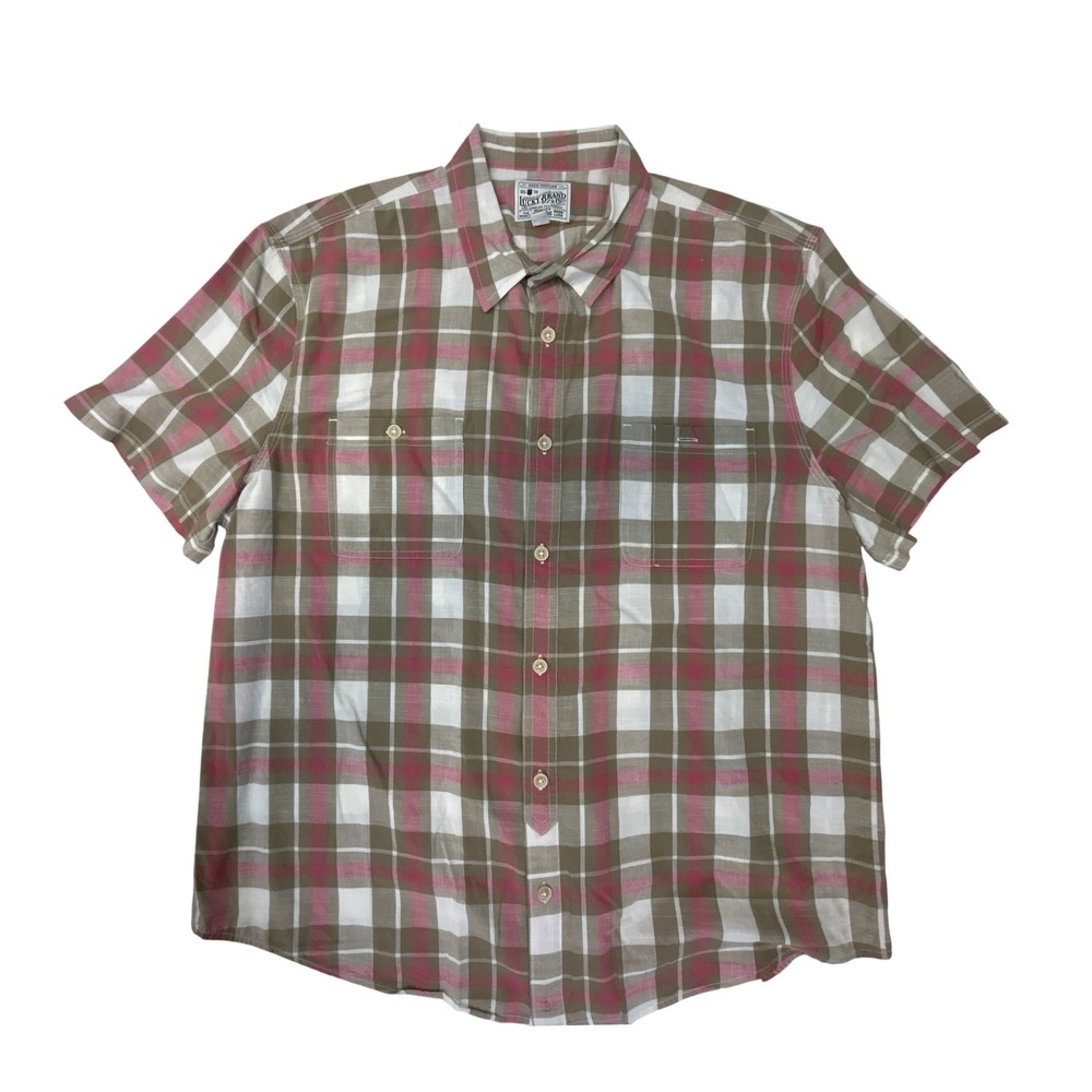 Lucky Brand Mens XXL Short‎ Sleeve Plaid Button Down Shirt Brown Pink